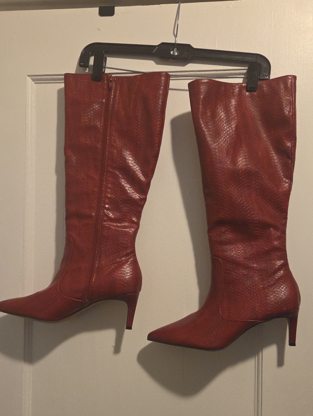 New York & Company Red Pointed-Toe Knee-High Heeled Boots